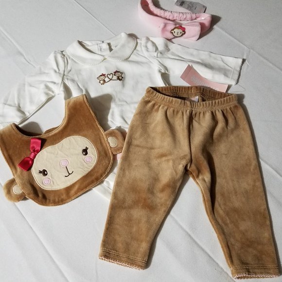 Gymboree Mischievous Monkey 3-6 month Pants, bodysuit headband & bib all NWT